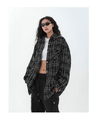 Women's Fashion Polo Collar Weave Jacket Outerwear Vintage Plaid Pocket Long Sleeves Casual Street Baggy Tops Autumn Ladies