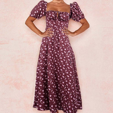 Women Floral Print Long Dress Summer Chic Short Sleeve Square Collar Split A Line Party Sundress Ladies Holiday Beach Vestidos