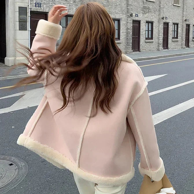 Pink Sherpa Cashmere Jacket Ladies Short Winter Fur Solid Color Loose Stitching Long Sleeve Small Korean Style Thickening New