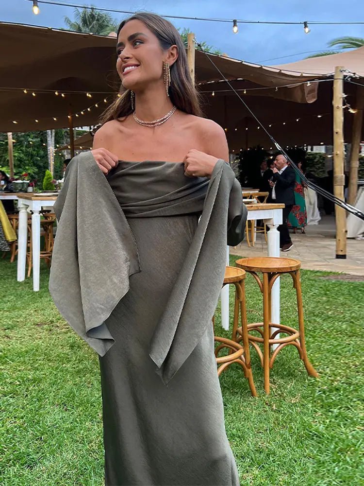 Fashion Sexy Solid Off Shoulder Midi Dress For Women Elegant Chic Slash Neck Long Sleeve Dresses Female Evening Party Club Robes