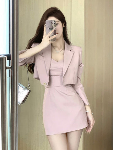 Autumn Pink Two Piece Dress Set Women Blazer Coat+Strap Dress Set Female Casual Korean Fashion Slim Elegant Dress Suit