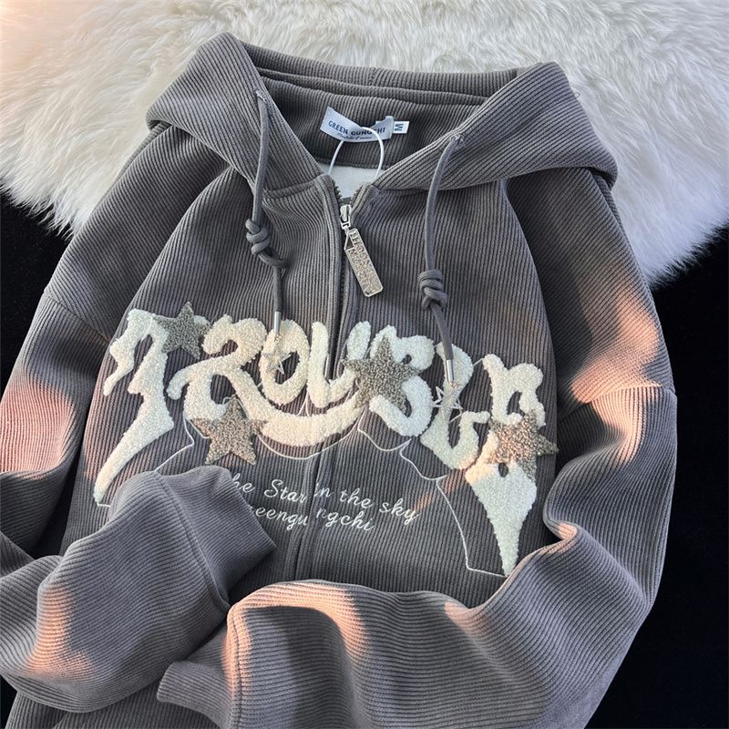 Women Letter Embroidery Hoodies Men Zipper Long Sleeve Loose Hooded Sweatshirts Autumn Winter Retro Pocket Oversize Jacket Coats