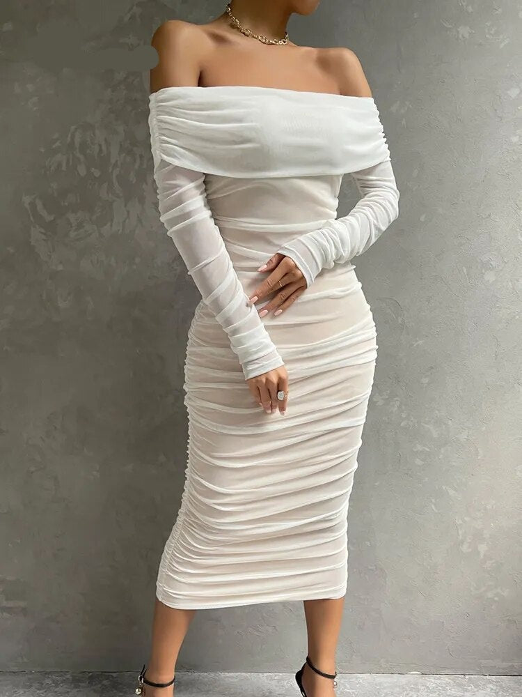 Solid Mesh White Midi Dresses Women Clothing Off Shoulder Long Sleeves Autumn Dress Backless Ruched Sexy Party Vestido