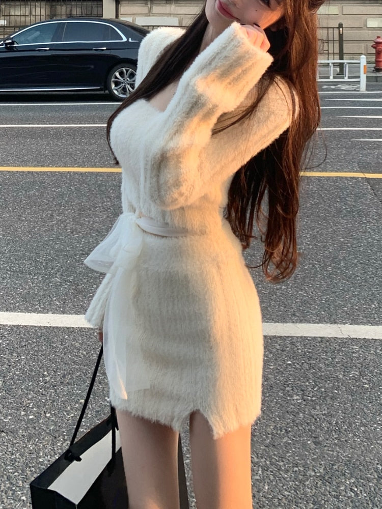 Autumn Sweater Knitted Suits Female Elegant 2 Piece Dress Korean Fashion Even Party Y2k Mini Dress Office Lady Short Skirts