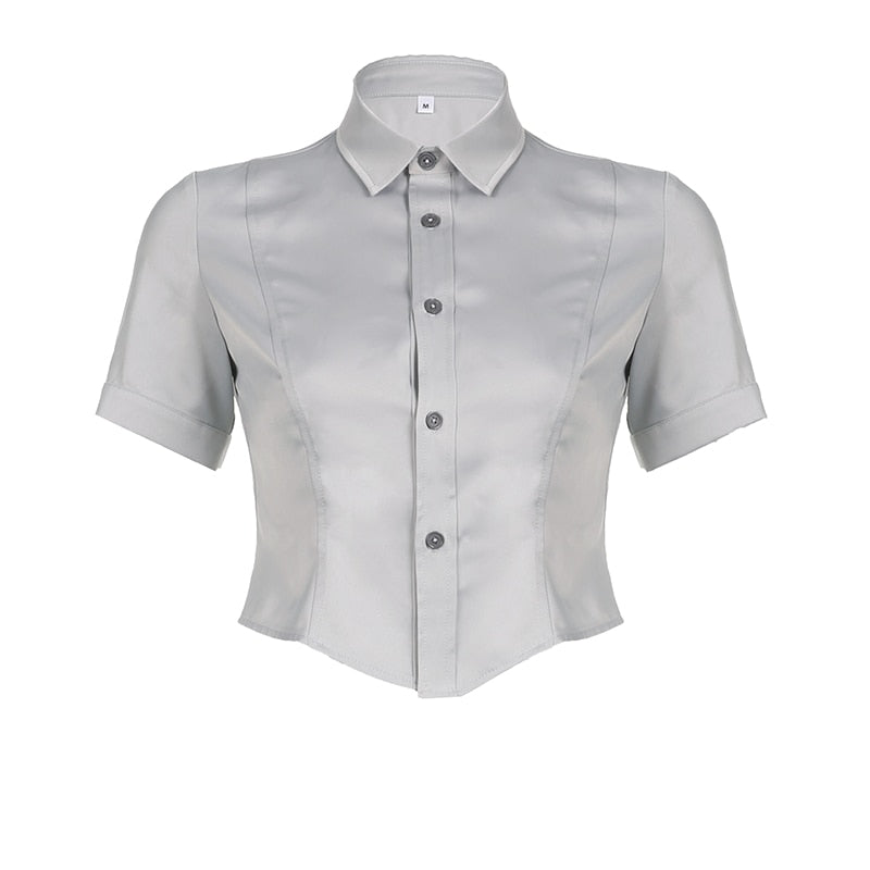 Elegant Fashion Solid Satin Blouse Office Ladies Casual Basic Turn-Down Collar Short Sleeve Shirts Women Summer