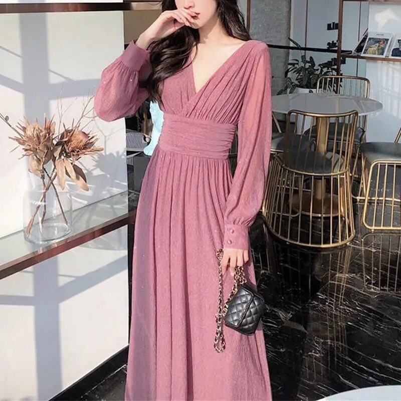 Spring Autumn V-neck Elegant Fashion Sequins Dresses Women Long Sleeve Temperament Evening Party Maxi Dress Robe Femme Vestidos