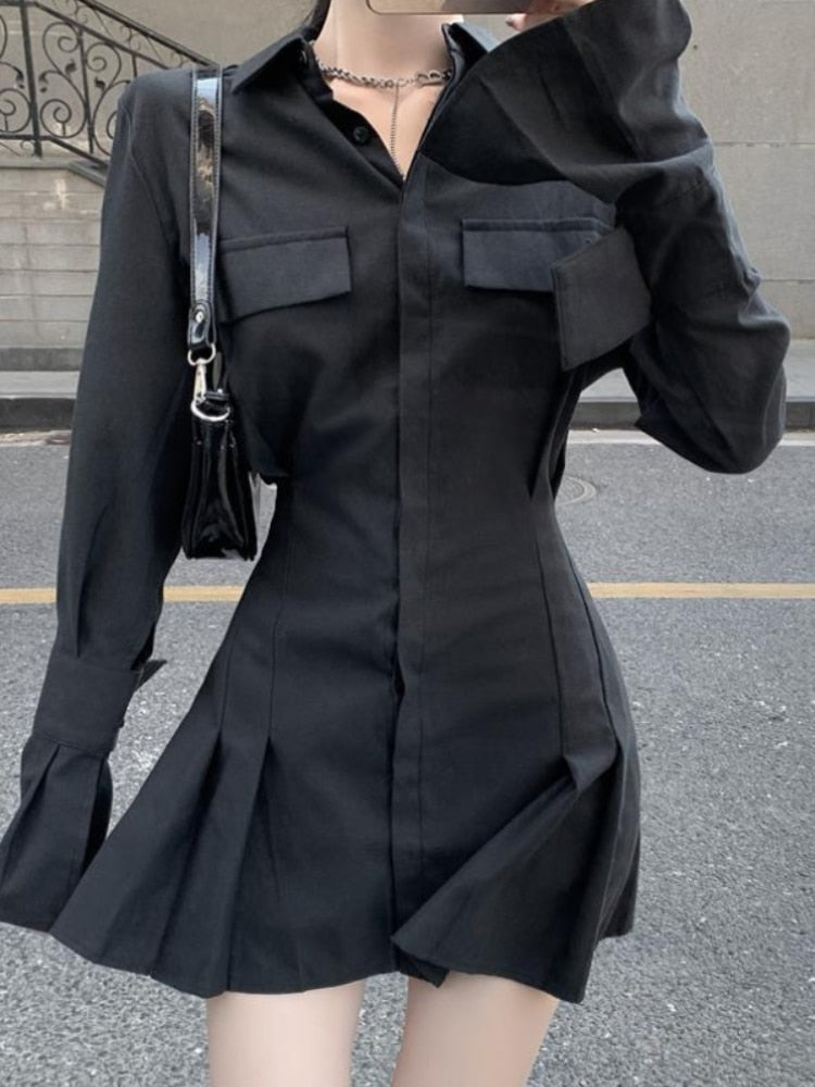 Black Shirt Dress Women Elegant Vintage Long Sleeve Dresses Sexy Gothic Pleated Streetwear Turn-down Collar Casual Robe