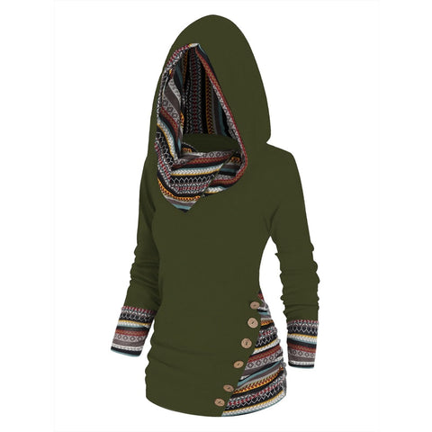 Tribal Geometric Stripe Panel Hooded Knit Top Long Sleeve Mock Button Knitted Women Casual Ethnic Top With Hood