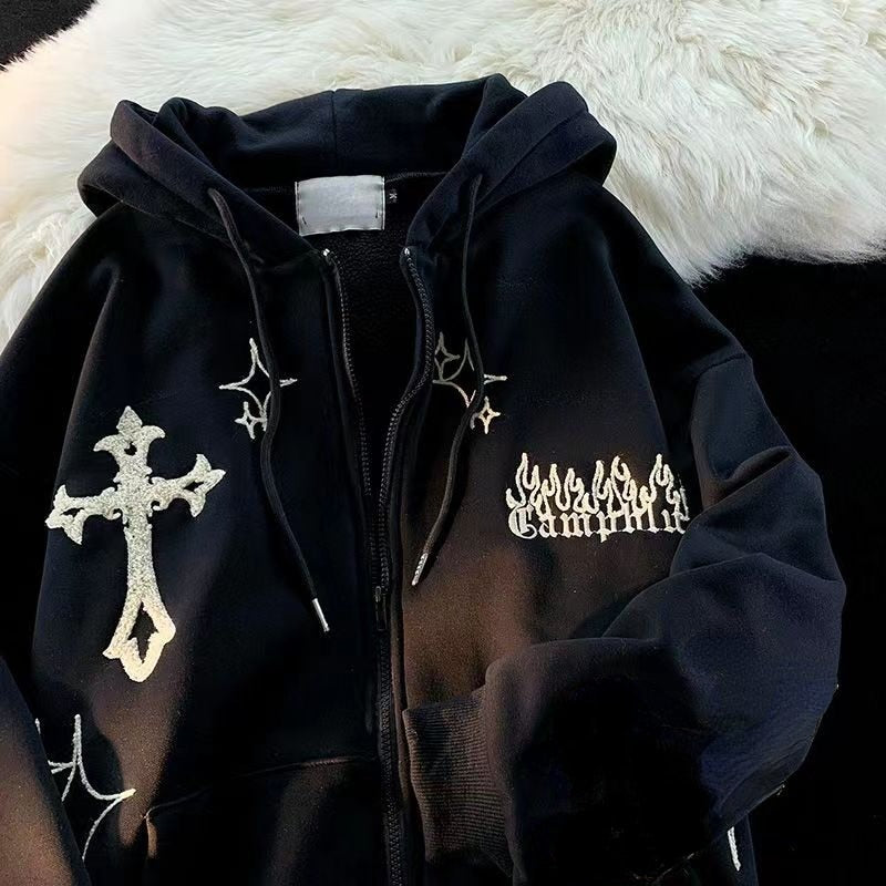 Women Letter Embroidery Hoodies Autumn Winter Vintage Zipper Long Sleeve Oversized Jacket Coat Harajuku Casual Hooded Sweatshirt