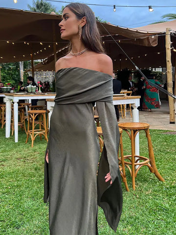 Fashion Sexy Solid Off Shoulder Midi Dress For Women Elegant Chic Slash Neck Long Sleeve Dresses Female Evening Party Club Robes