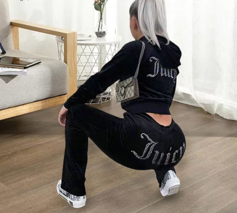 Chic Thin Velvet Autumn Juicy Apple Tracksuit 2 Pieces Set Hoodie Suit Women Velour Sweatshirt and Pants with Diamonds Y2K