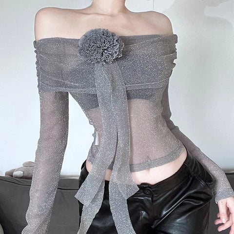 Flower Splice Mesh Shirts For Women Sexy See Through Slim Long Sleeve Crop Top Femme Club Party Fashion Shiny Shirt Lady