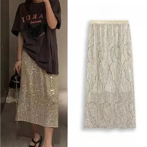 Fashion Sequins Straight Fairy Black Long Skirts for Women High Waist Summer Patchwork Split A-line Wrap Skirt Korean Style