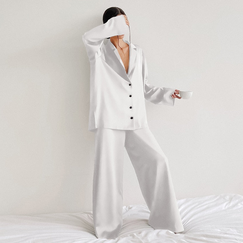 Oversized Satin Silk Sleepwear Low Cut Sexy Pajamas For Women Single-Breasted Long Sleeves Wide Leg Pants Trouser Suits