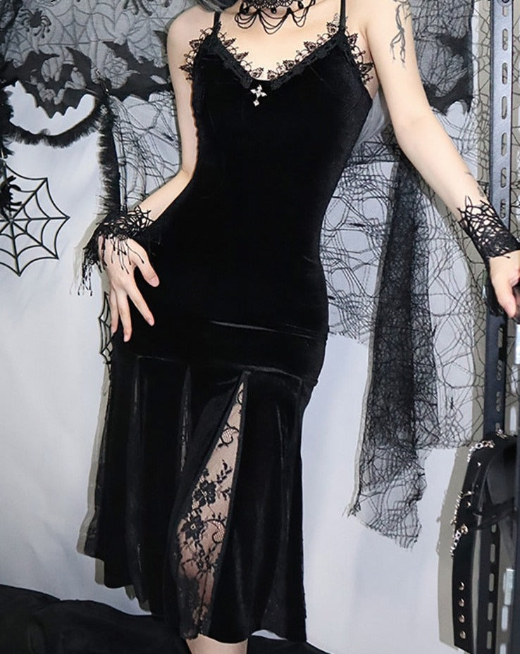 Lace Patchwork Gothic Elegant Mermaid Dresses For Women Grunge Velvet V-neck Black Midi Dress Sling Sexy Slim Clubwear