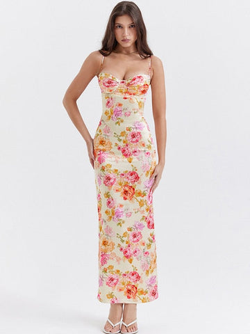 Shoulder Flower Print Sexy Dress For Women High Split Elegant Long Dresses Backless Bodycon Summer Dress Vestidos