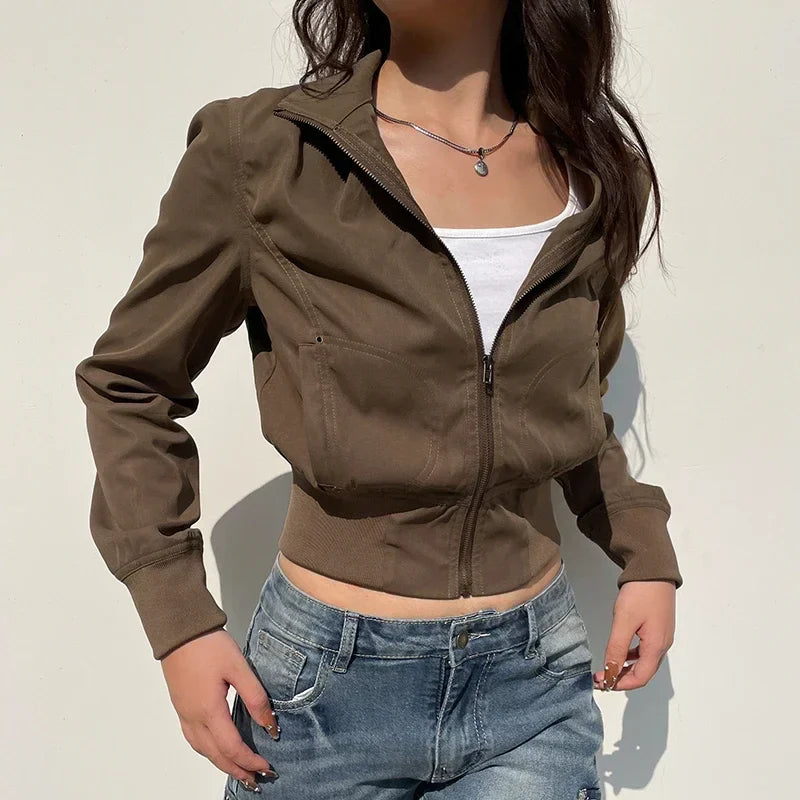 Casual Long Sleeves Pockets Cargo Coats Vintage Solid Slim Jackets Y2K Fashion Streetwear Aesthetic Zip Up Clothes