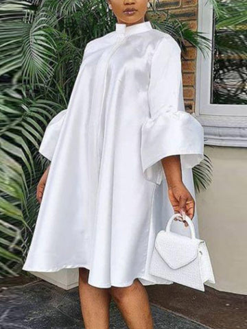 Pbong mid size graduation outfit romantic style teen swag clean girl ideas 90s latina aestheticWomen Loose Dresses Stand Collar Three Quarter Sleeves Oversized White Yellow Ladies Classy Summer Autumn Robes Gowns