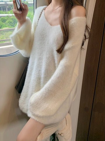 Pure Color V-Neck Knitted Sweater Women Long Sleeve Sweet Elegant White Pullover Female Korean Style Y2k Clothing Autumn