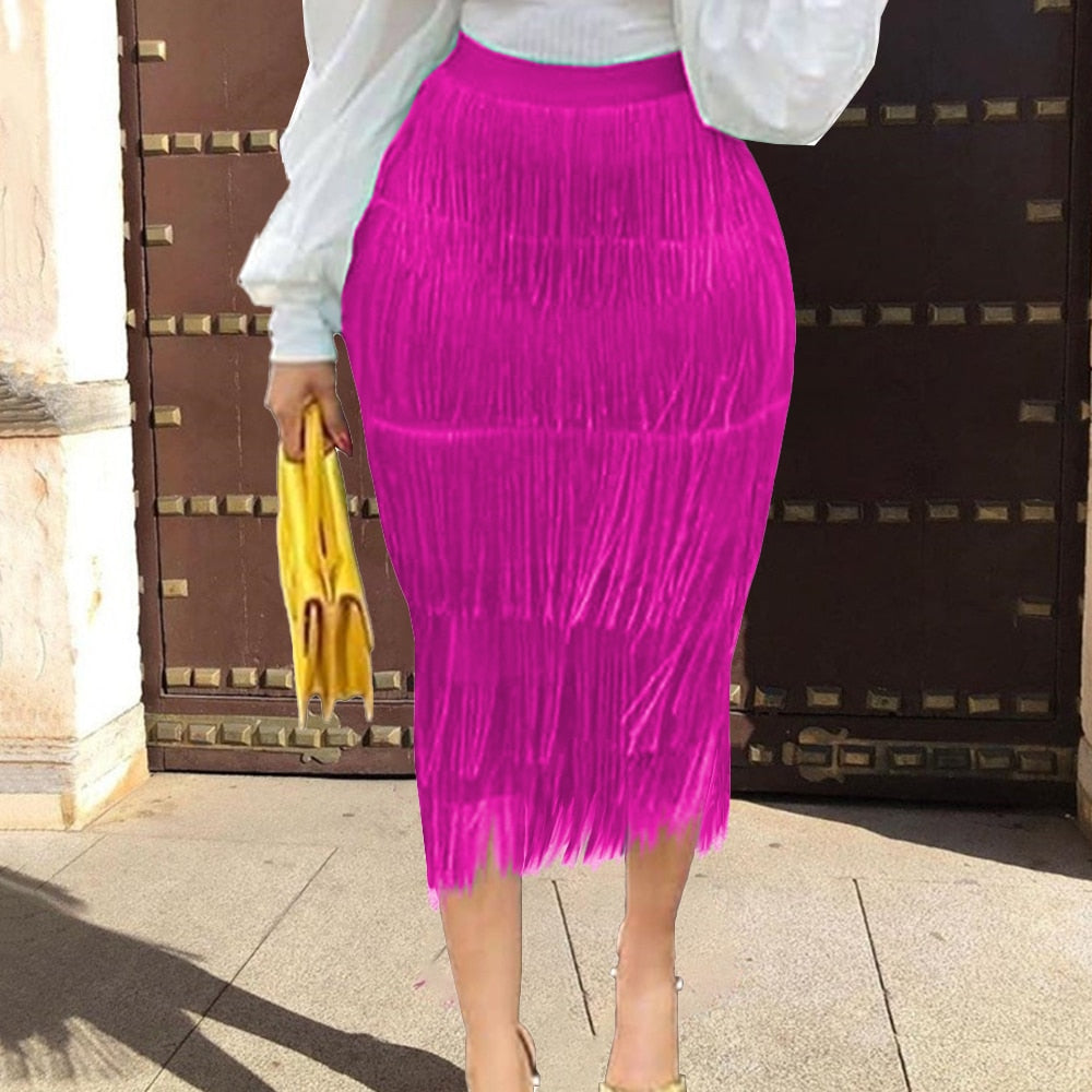 Women Fringe Bodycon Pencil Skirts Black Tassel High Waist Stretch Sheath Midi Length Ladies Slim Elegant Saias faldas Big Size Pbong  mid size graduation outfit romantic style teen swag clean girl ideas 90s latina aesthetic