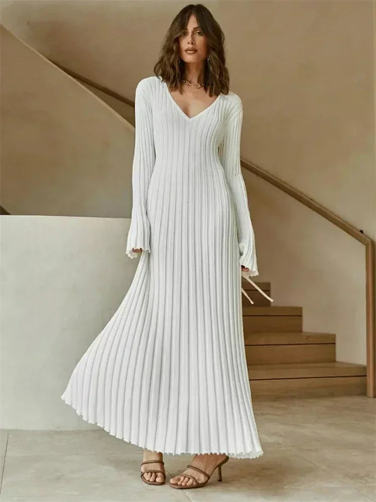 Autumn New V-Neck Knit Maxi Dress Women Ribbed Elegant Long Sleeve Streetwear High Waist Pleated Dresses Ladies Knitwear