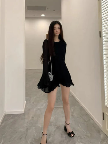 Backless Black Dress Women Elegant Back Hollow Out Lace-up Long Sleeve Mesh Patchwork Sexy Slim Ruffle Mini Dress Party