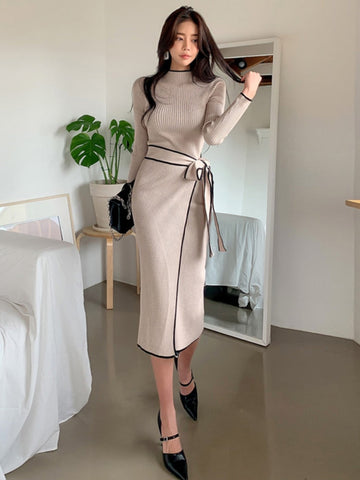 Vintage One-Piece Patchwork Slim Woman Dress Long Sleeve Knitted Midi Dress Women Sweater Knit Dress Elegant Autumn Clothes