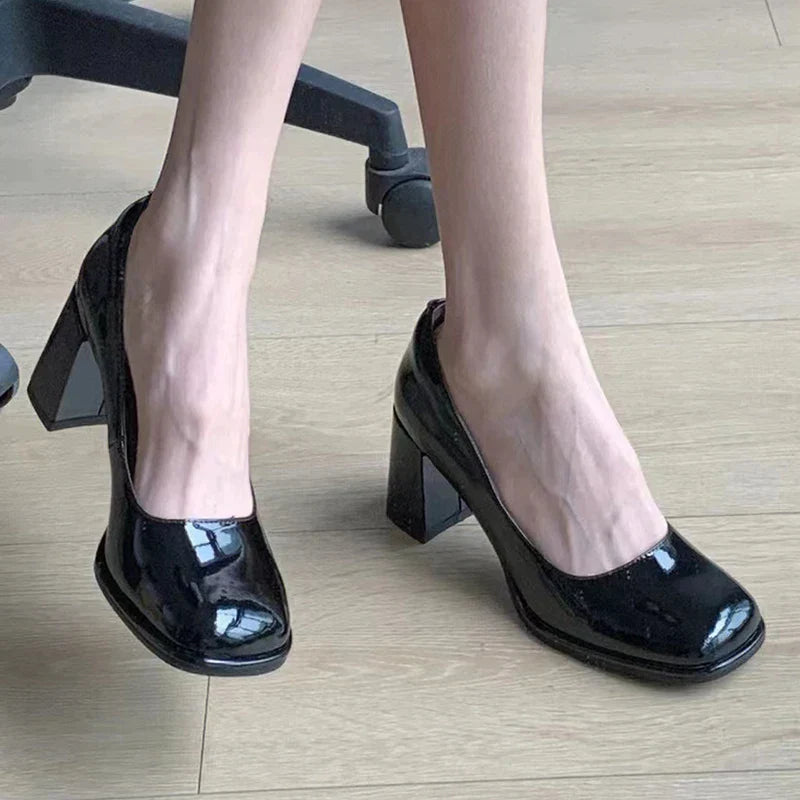 Patent Leather Women Pumps Shoes 2023 Elegan Office Black High Heels Shoes Woman Shallow Mouth Square Toe Pumps Female