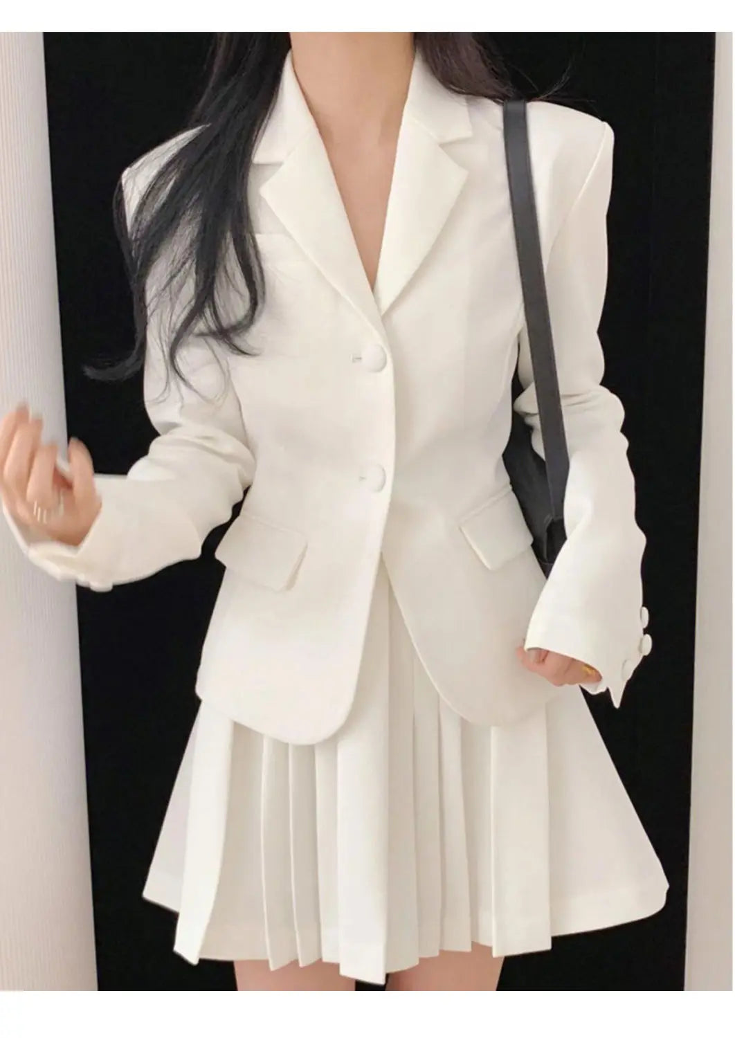 White Casual Blazer Mini Skirt 2 Piece Set Women Korean Fashion Single Breasted Jacket Pleated Dress Elegant Office Lady Suits