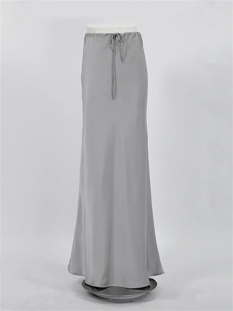 High Waist Lace-Up Long Skirt Women Casual Solid Patchwork Satin Elegant Maxi Skirt Fashion Patchwork Women's Long Skirt