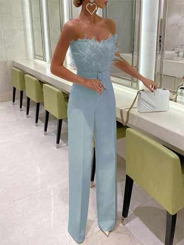 Feather Strapless Overalls for Women Party Evening Bodysuit Sleevelss Overalls Women's Clothing Traf Ropa Mujer Jumpsuits