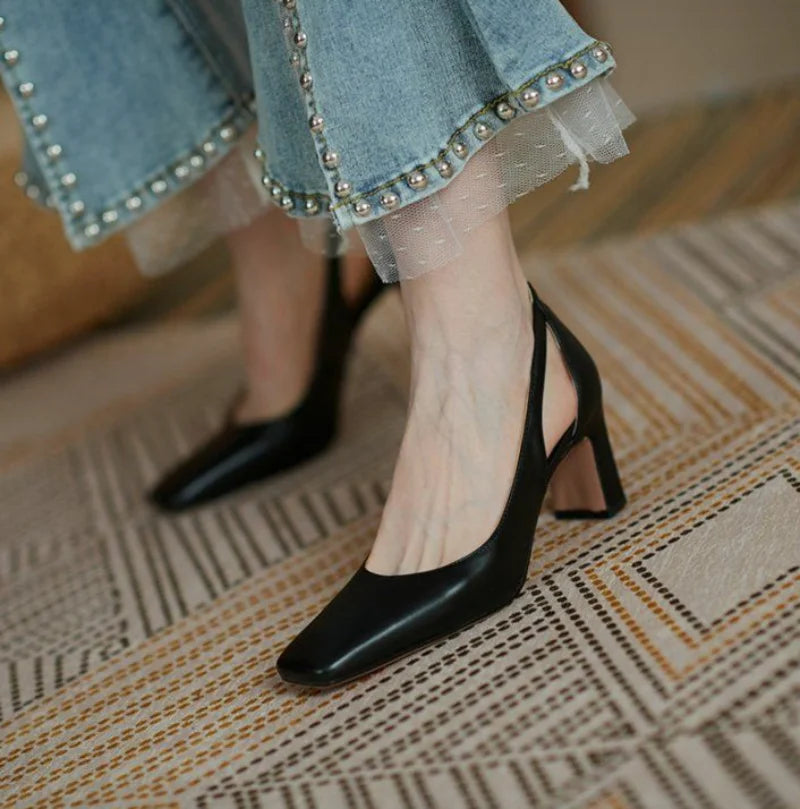 Ladies Summer Footwear High Heels Square Shoes for Women  Black on Heeled Pumps Toe Normal Leather Casual Fashion Offer Sale