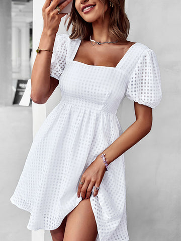 Elegant Solid Puff Short Sleeve Mini Beach Dress Summer Square Collar Hem Party Dress New Women Chic Office Commute A-line Dress