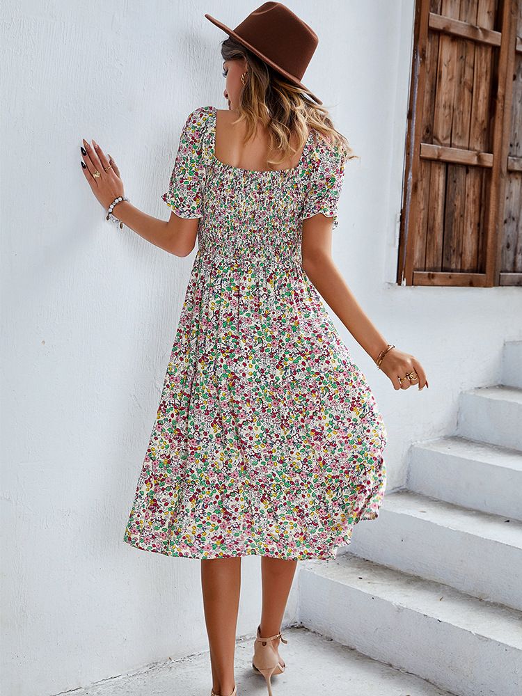 Print Dress Women Summer Holiday Midi Dress Casual Puff Sleeve High Waist Boho Split Dresses For Women Clothes