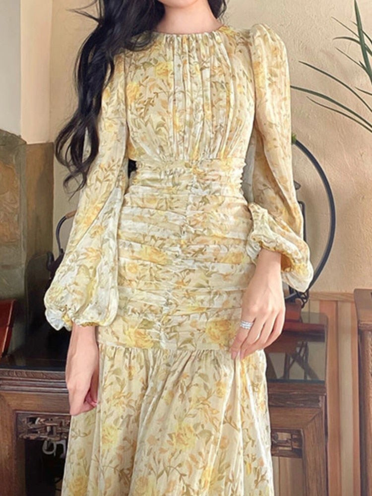 Floral Print Lace Midi Dresses for Women Clothing Elegant Long Sleeve Folds Party Prom Female Beach Bodycon Dress Summer