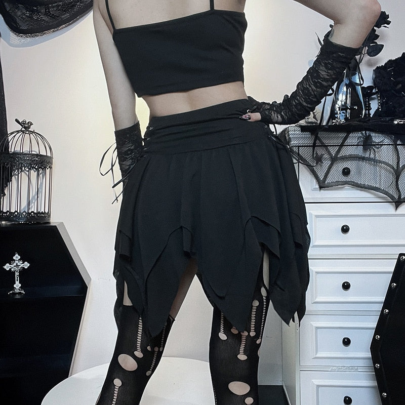 Bandage Side Pointed Hem Mini Skirt Grunge Style Black High Waist A-line Skirt Punk Emo Sexy Women Alternative Bottoms