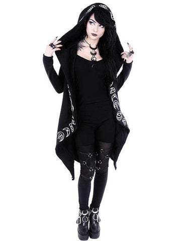 Gothic Punk Black Long Women Hoodies Sweatshirts Halloween Moon Print Long Sleeve Hoodie Women Loose Coat Hooded Sweatshirt