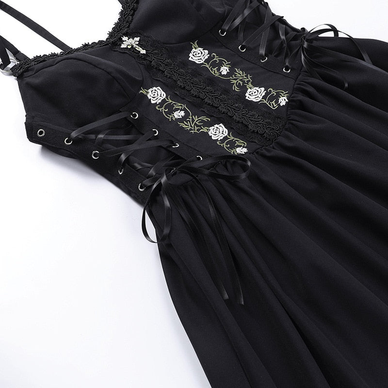 Goth Dark Lolita Gothic Aesthetic Bandage Corset Dresses Grunge Style Black Embroidery Emo Dress Women A-line Party Alt Clothes