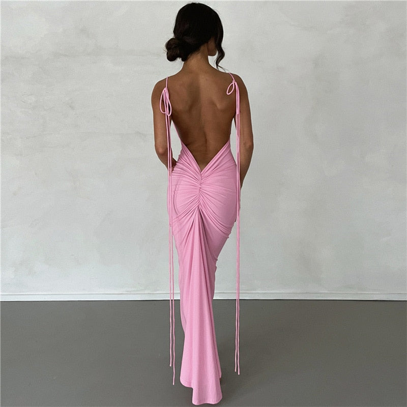 Backless Maxi Dress Elegant Red Long Sleeve Sexy Ruched Bodyocn Evening Party Dress for Women Spring Slim Christmas Outfits