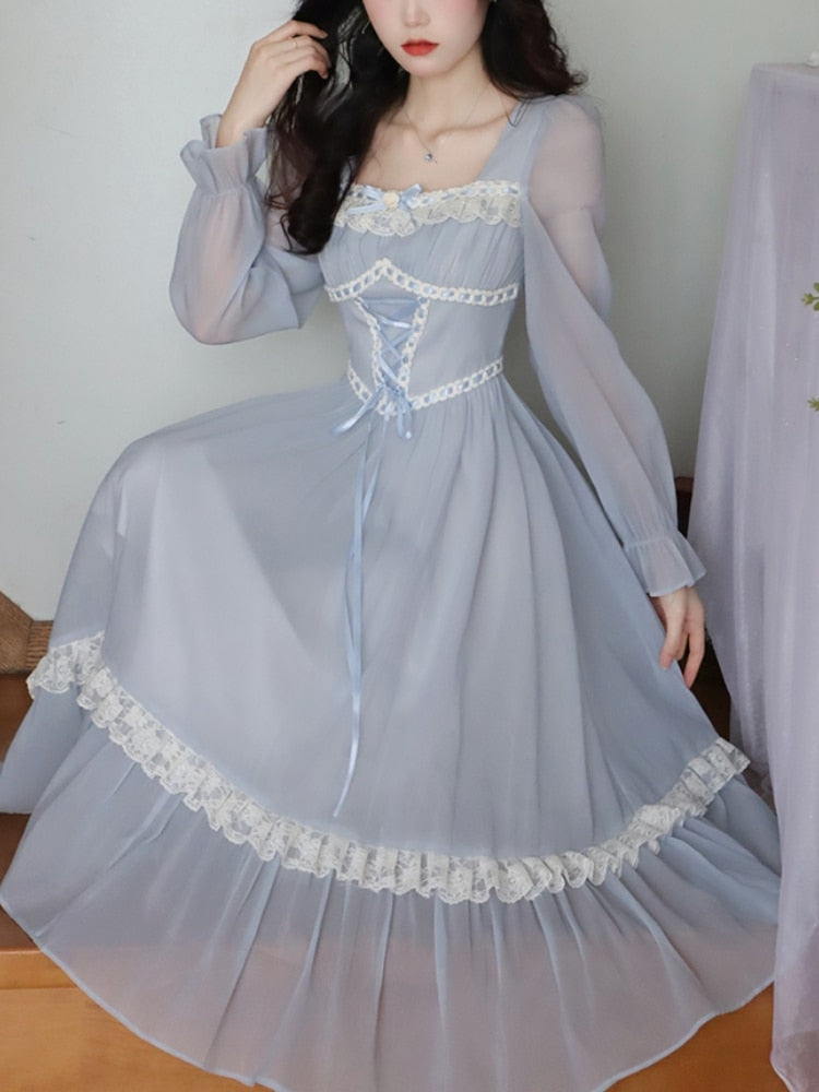 Summer Vintage Fairy Dress Women Bow Lace Korean Style Mid Dress Female Blue Lace Long Sleeves Elegant Party Dress Casual