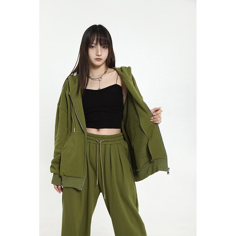 Women's Green Zipper Hoodie Long Sleeves Casual Baggy Wide Leg Long Pants Two Piece Set Vintage Sports Style Suit Ladies