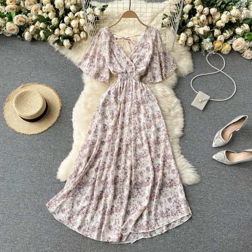 Retro Floral Print Ruffle Chiffon Elegant Midi Dress A-line V Neck Beach Vacation Dress Women Korean Fashion Summer Vestidos