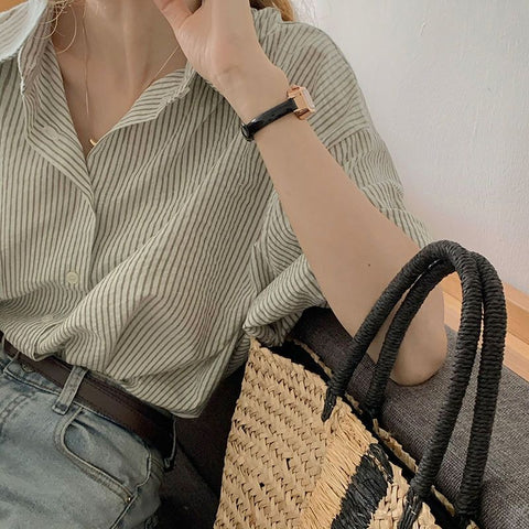 Elegant and Youth Woman Blouses Women's Clothing Spring Green Vertical Stripe Shirt Short Sleeve Chiffon Blouse Woman