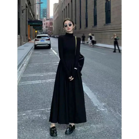 New French Style Temperament Women's High-Grade Black Dress Hepburn Style Gray Turtleneck Dress for Women Autumn and Winter