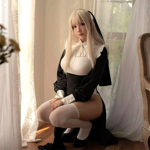 Nun Cosplay Costume Women Fancy Dress Set Halloween Party Roleplay Outfit Adult Nun Dress Black Fancy Cosplay Dress Up