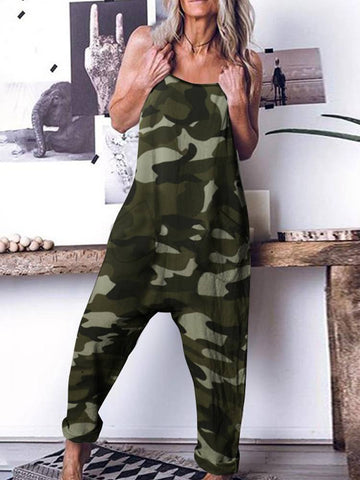 Women Camouflage Printed Jumpsuits Celmia Summer Spaghetti Strap Casual Loose Drop-Crotch Long Rompers Harem Pants Overalls