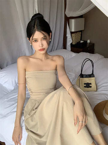Summer New Hepburn Style Pure And Simple Pleated Temperament Long Skirt French Dress Fairy Skirt