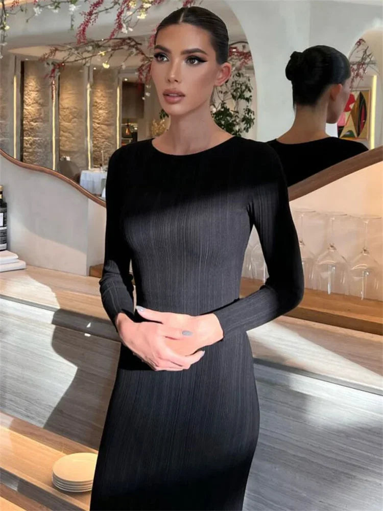 Fashion Knit Ribbed Maxi Dress Ladies High Waist Long Sleeve Patchwork Elegant Slim Party Dress Autumn Knitwear Dress