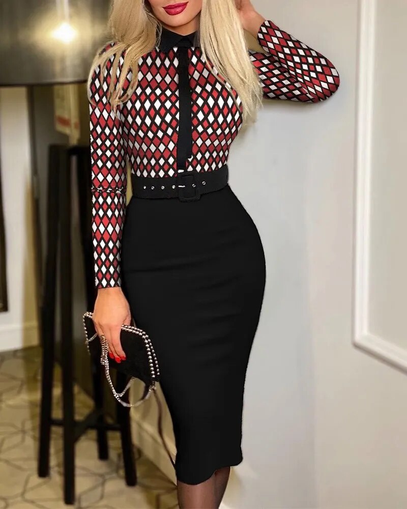 Office Lady Vintage Print Long Sleeve Belt Slim Bodycon Dress Women Summer New Elegant Fashion Commute Dresses Vestidos Feminino