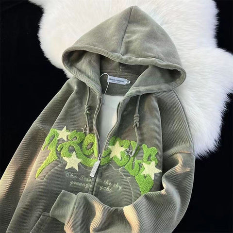 Harajuku Letter Embroidery Hoodies Women Long Sleeve Zip Up Oversize Gothic Hooded Sweatshirts Y2K Retro Angel Ears Jacket Coats